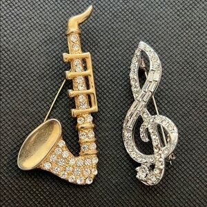 Vintage Gold and Silver Rhinestone Brooch Set - Musical Note and Saxophone